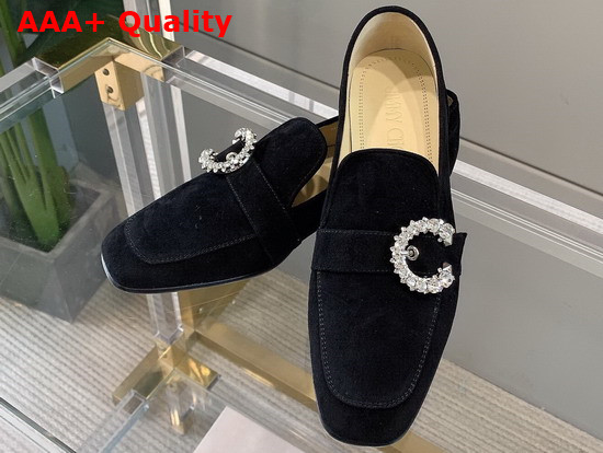 Jimmy Choo Mani Flat Black Suede Loafers with Crystal Buckle Replica