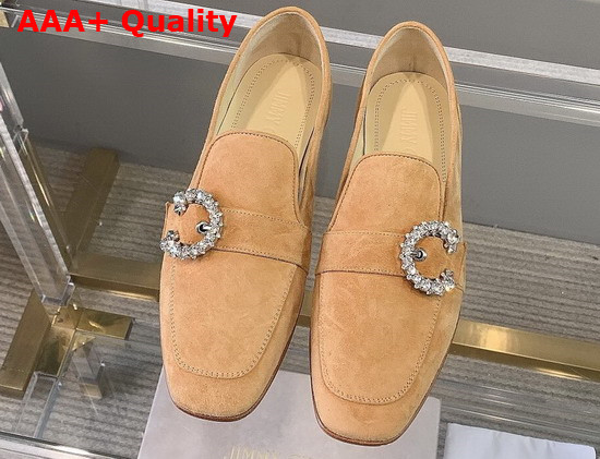 Jimmy Choo Mani Flat Caramel Suede Leather Loafers with Crystal Buckle Replica