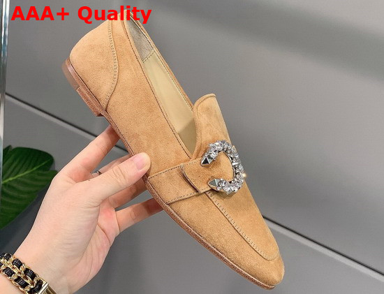 Jimmy Choo Mani Flat Caramel Suede Leather Loafers with Crystal Buckle Replica