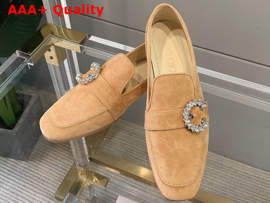 Jimmy Choo Mani Flat Caramel Suede Leather Loafers with Crystal Buckle Replica