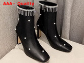 Jimmy Choo Minori 85 Black Calf Leather Ankle Booties with Crystal Fringes and Glass Pearls Replica