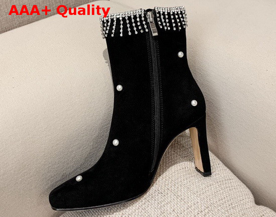 Jimmy Choo Minori 85 Black Suede Leather Ankle Booties with Crystal Fringes and Glass Pearls Replica