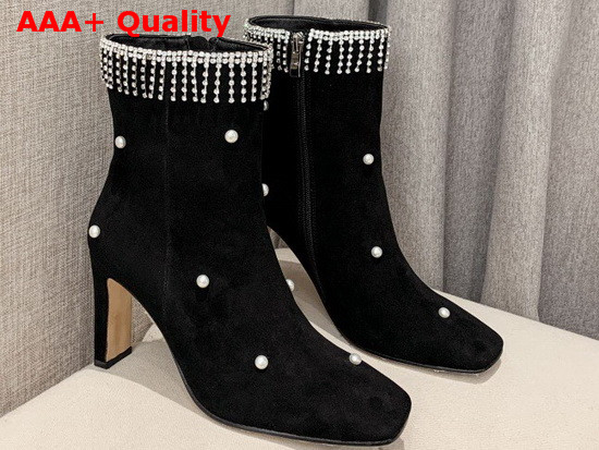 Jimmy Choo Minori 85 Black Suede Leather Ankle Booties with Crystal Fringes and Glass Pearls Replica