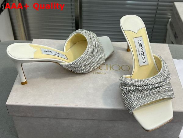 Jimmy Choo Naria Mule 75 Latte Nappa Leather Mules with Crystal Mesh Replica