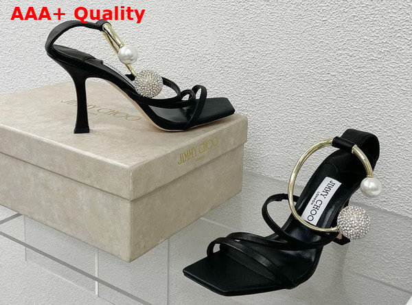 Jimmy Choo Ottilia 90 Black Nappa Leather Sandals with Crystal and Pearl Strap Replica