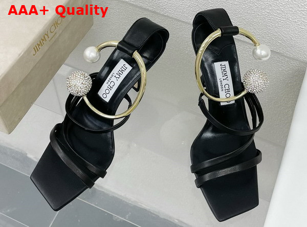 Jimmy Choo Ottilia 90 Black Nappa Leather Sandals with Crystal and Pearl Strap Replica