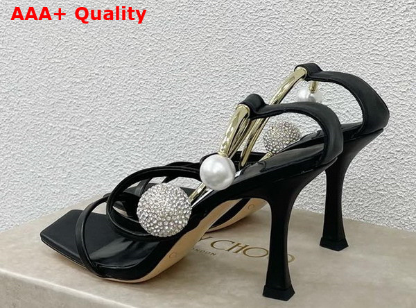 Jimmy Choo Ottilia 90 Black Nappa Leather Sandals with Crystal and Pearl Strap Replica