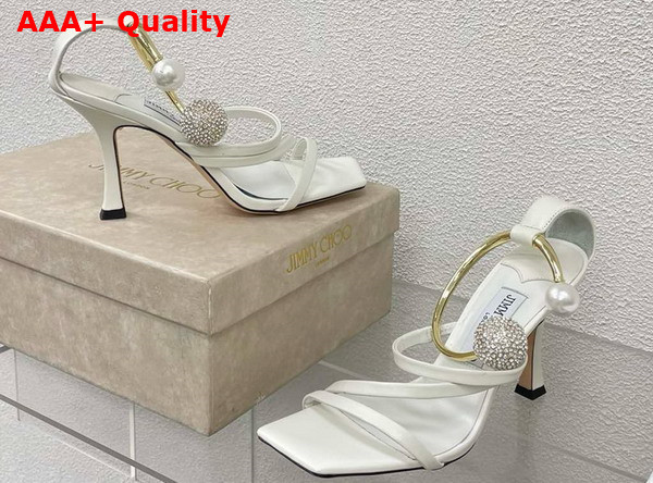 Jimmy Choo Ottilia 90 Latte Nappa Leather Sandals with Crystal and Pearl Strap Replica