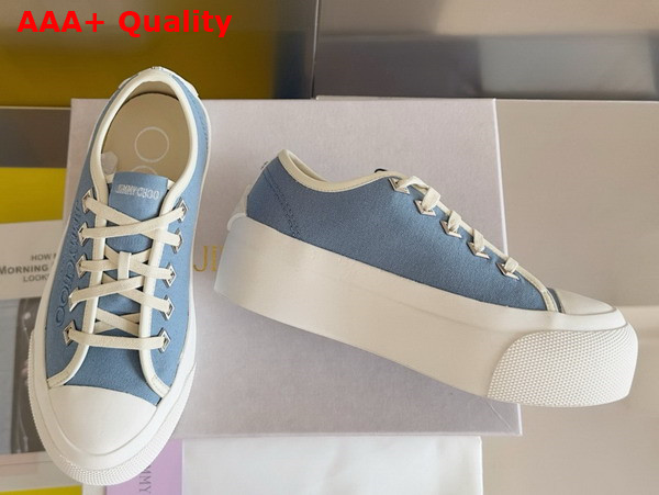 Jimmy Choo Palma Maxi F Denim and Latte Canvas Platform Trainers with Embroidered Logo Replica