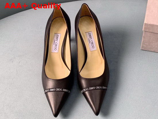 Jimmy Choo Rene 65 Black Nappa Leather Pointed Pumps with Logo Woven Ribbon Replica