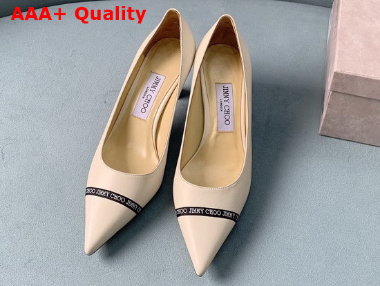 Jimmy Choo Rene 65 Latte Nappa Leather Pointed Pumps with Logo Woven Ribbon Replica