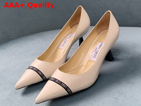 Jimmy Choo Rene 65 Latte Nappa Leather Pointed Pumps with Logo Woven Ribbon Replica