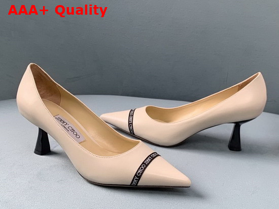 Jimmy Choo Rene 65 Latte Nappa Leather Pointed Pumps with Logo Woven Ribbon Replica