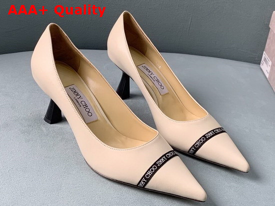 Jimmy Choo Rene 65 Latte Nappa Leather Pointed Pumps with Logo Woven Ribbon Replica