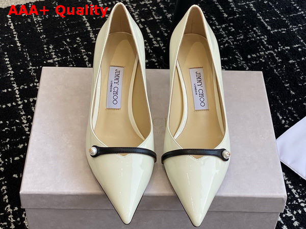 Jimmy Choo Rosalia 65 Latte Patent Pointed Pumps with Pearl Detail Replica