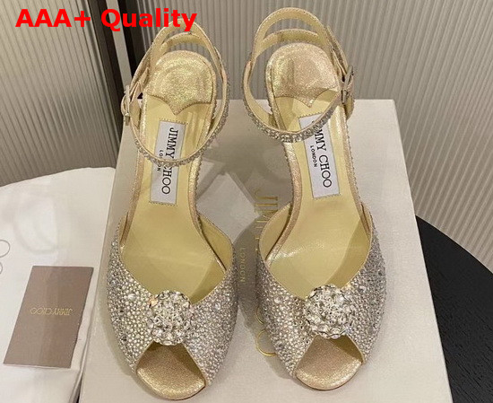 Jimmy Choo Sacora 85 Gold Suede Sandals with Hotfix Crystals and Sphere Details Replica