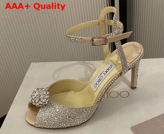 Jimmy Choo Sacora 85 Gold Suede Sandals with Hotfix Crystals and Sphere Details Replica