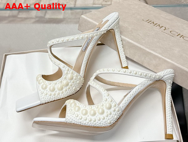 Jimmy Choo Sacoria 85 White Satin Sandals with All Over Pearls Replica