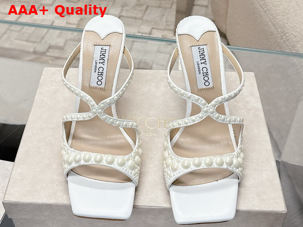 Jimmy Choo Sacoria 85 White Satin Sandals with All Over Pearls Replica