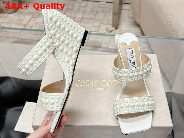 Jimmy Choo Sacoria 85 White Satin Wedge Sandals with All Over Pearls Replica