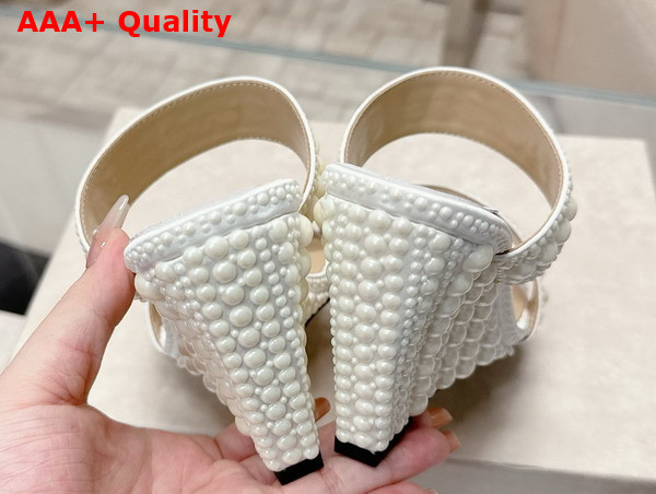 Jimmy Choo Sacoria 85 White Satin Wedge Sandals with All Over Pearls Replica