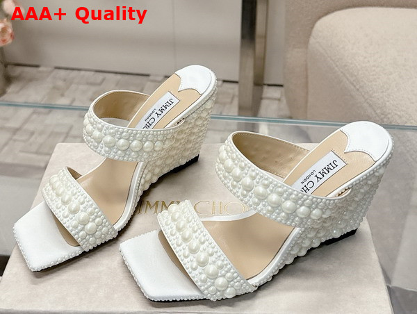 Jimmy Choo Sacoria 85 White Satin Wedge Sandals with All Over Pearls Replica