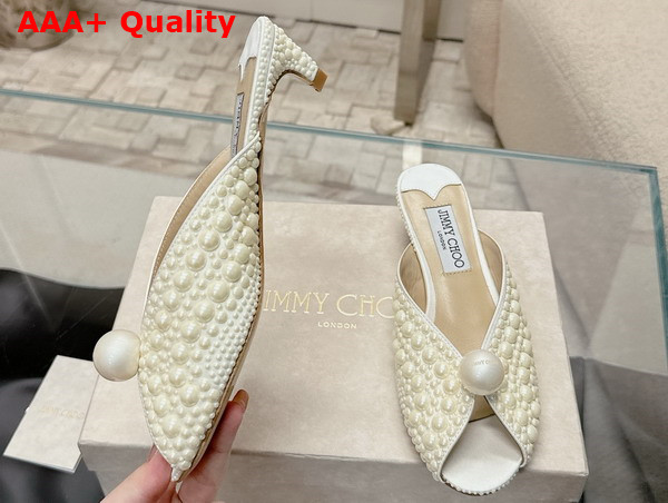 Jimmy Choo Sacoria Mule in White Satin with All Over Pearls Replica