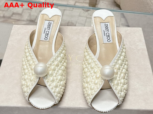 Jimmy Choo Sacoria Mule in White Satin with All Over Pearls Replica