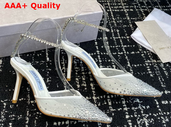 Jimmy Choo Saeda 100 White Mesh Pumps with Crystals Replica