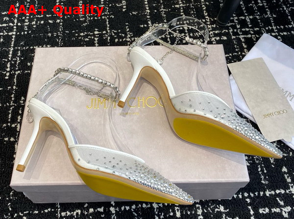 Jimmy Choo Saeda 100 White Mesh Pumps with Crystals Replica