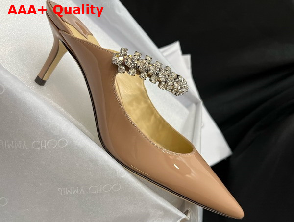 Jimmy Choo Saeda 85 Nude Patent Leather Pumps with Crystal Embellishment Replica