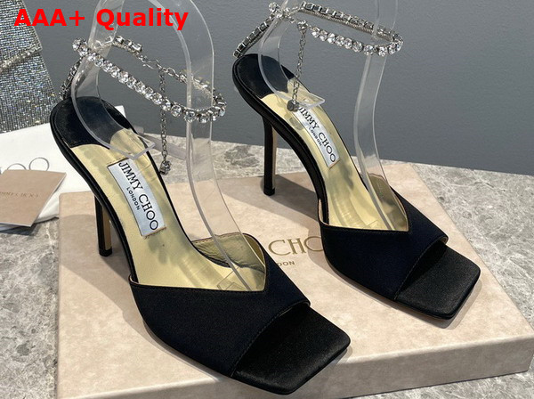 Jimmy Choo Saeda Sandal 100 Black Satin with Crystal Embellishment Replica