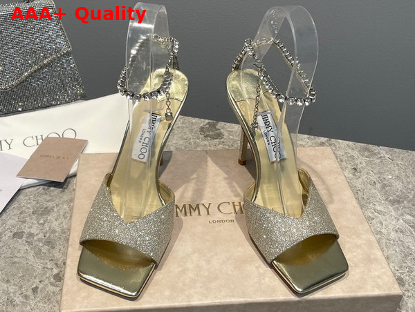 Jimmy Choo Saeda Sandal 100 Platinum Ice Dusty Glitter Sandals with Crystal Embellishment Replica