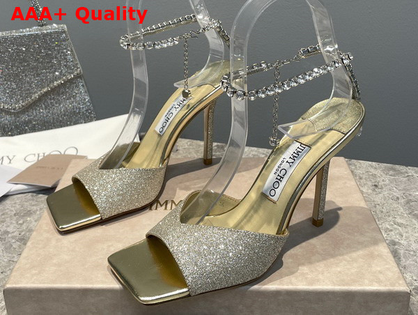 Jimmy Choo Saeda Sandal 100 Platinum Ice Dusty Glitter Sandals with Crystal Embellishment Replica