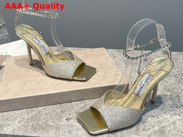 Jimmy Choo Saeda Sandal 100 Platinum Ice Dusty Glitter Sandals with Crystal Embellishment Replica