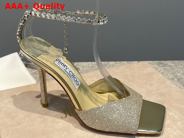 Jimmy Choo Saeda Sandal 100 Platinum Ice Dusty Glitter Sandals with Crystal Embellishment Replica