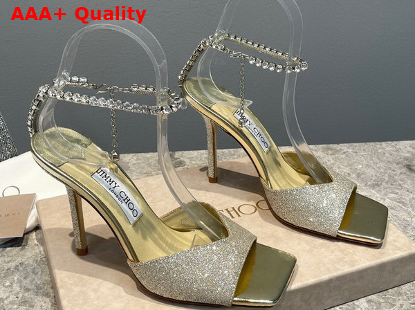 Jimmy Choo Saeda Sandal 100 Platinum Ice Dusty Glitter Sandals with Crystal Embellishment Replica