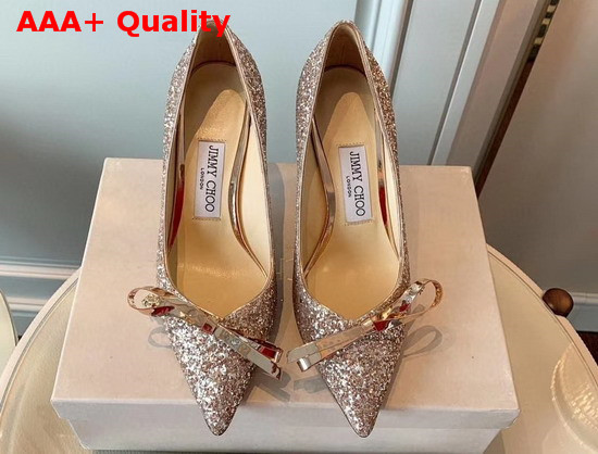 Jimmy Choo Scarlette 85 Platinum Dusty Glitter Fabric Pumps with Bow Detail Replica