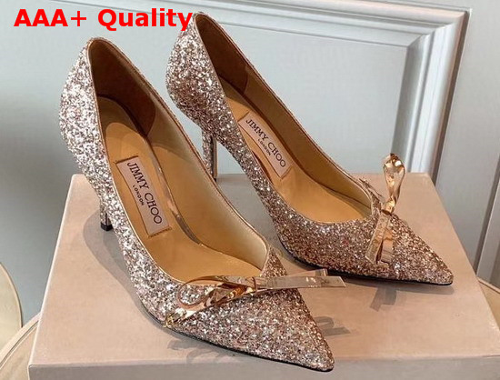 Jimmy Choo Scarlette 85 Platinum Dusty Glitter Fabric Pumps with Bow Detail Replica