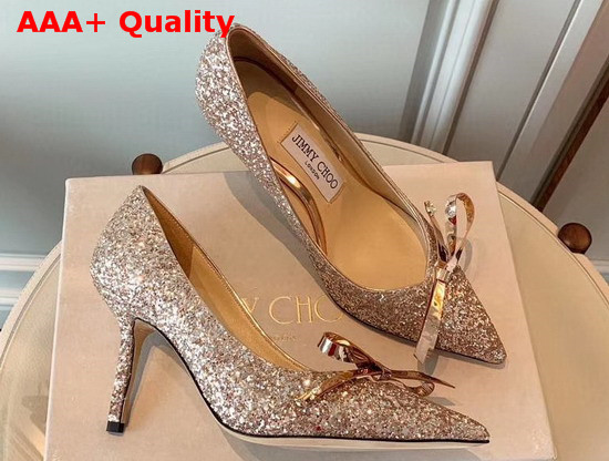 Jimmy Choo Scarlette 85 Platinum Dusty Glitter Fabric Pumps with Bow Detail Replica