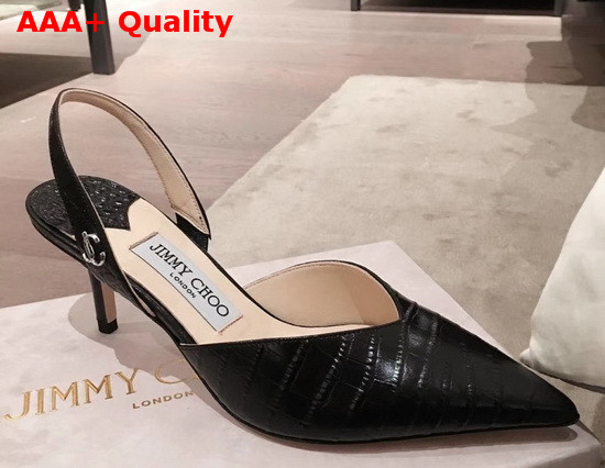 Jimmy Choo Thandi 65 Black Croc Embossed Leather Slingback Pumps with JC Emblem Replica