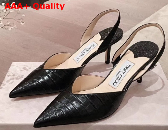 Jimmy Choo Thandi 65 Black Croc Embossed Leather Slingback Pumps with JC Emblem Replica