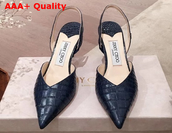 Jimmy Choo Thandi 65 Blue Croc Embossed Leather Slingback Pumps with JC Emblem Replica