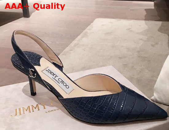 Jimmy Choo Thandi 65 Blue Croc Embossed Leather Slingback Pumps with JC Emblem Replica