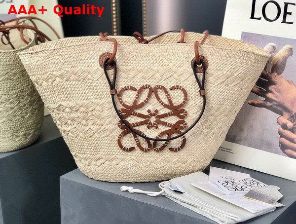 Loewe Anagram Basket Bag in Iraca Palm and Calfskin Natural and Tan Replica