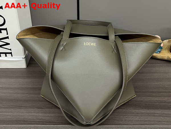 Loewe Large Puzzle Fold Tote in Shiny Calfskin Dark Khaki Replica