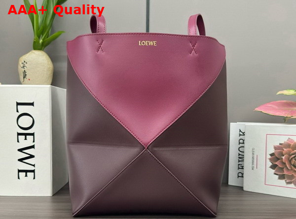 Loewe Medium Puzzle Fold Tote in Shiny Calfskin Crimson and Dark Burgundy Replica