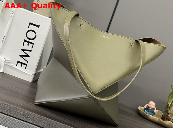 Loewe Medium Puzzle Fold Tote in Shiny Calfskin Light Olive Olive Replica