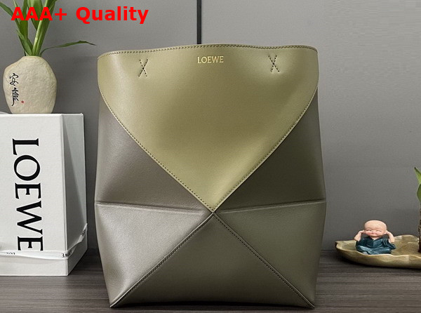 Loewe Medium Puzzle Fold Tote in Shiny Calfskin Light Olive Olive Replica