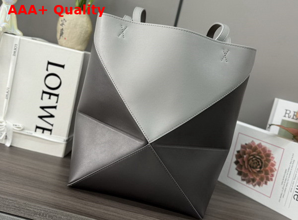 Loewe Medium Puzzle Fold Tote in Shiny Calfskin Pearl Grey and Dark Grey Replica